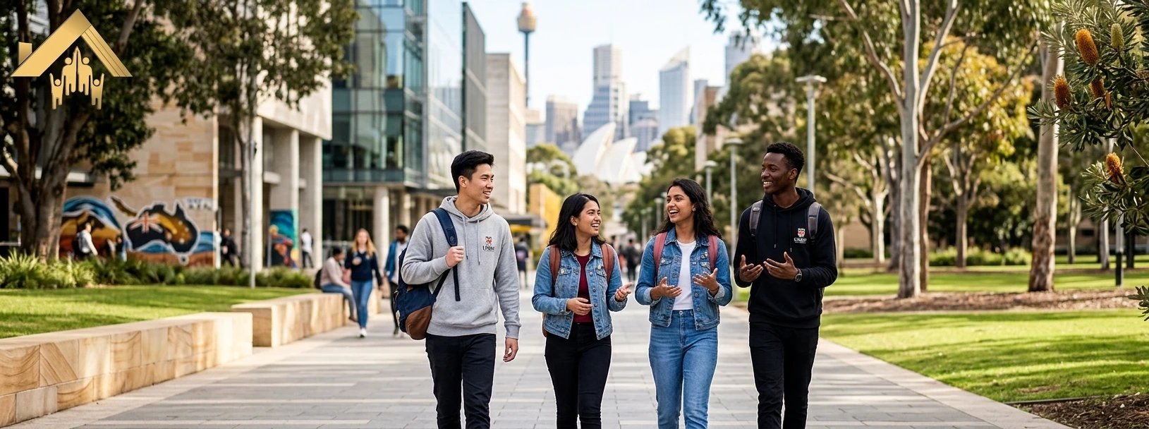 International students walking near a university campus in Sydney enjoying city life and study environment.webp