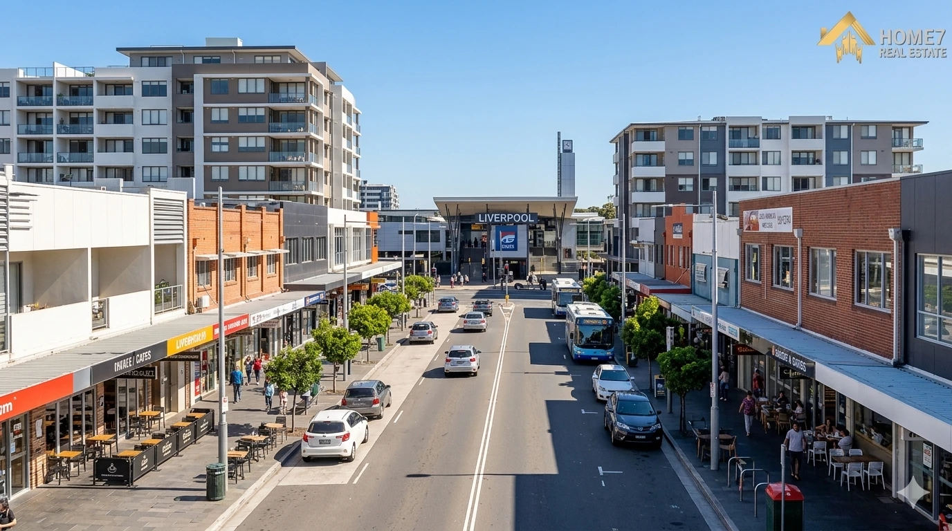 Liverpool NSW town center with train station, shops, and nearby apartment buildings in a busy urban setting