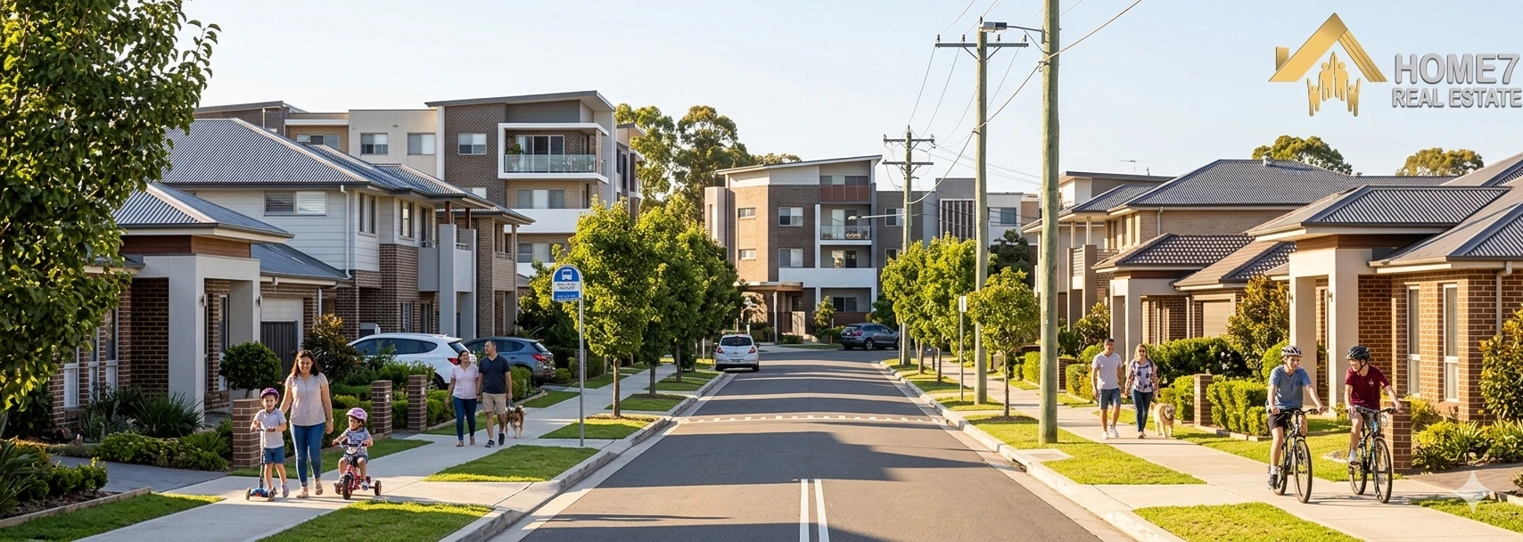 Modern residential neighborhood in Liverpool NSW with houses, apartments, and tree-lined streets under clear daylight.webp