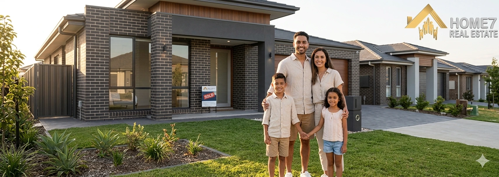Young family standing outside a modern home in Liverpool Sydney after buying or renting property